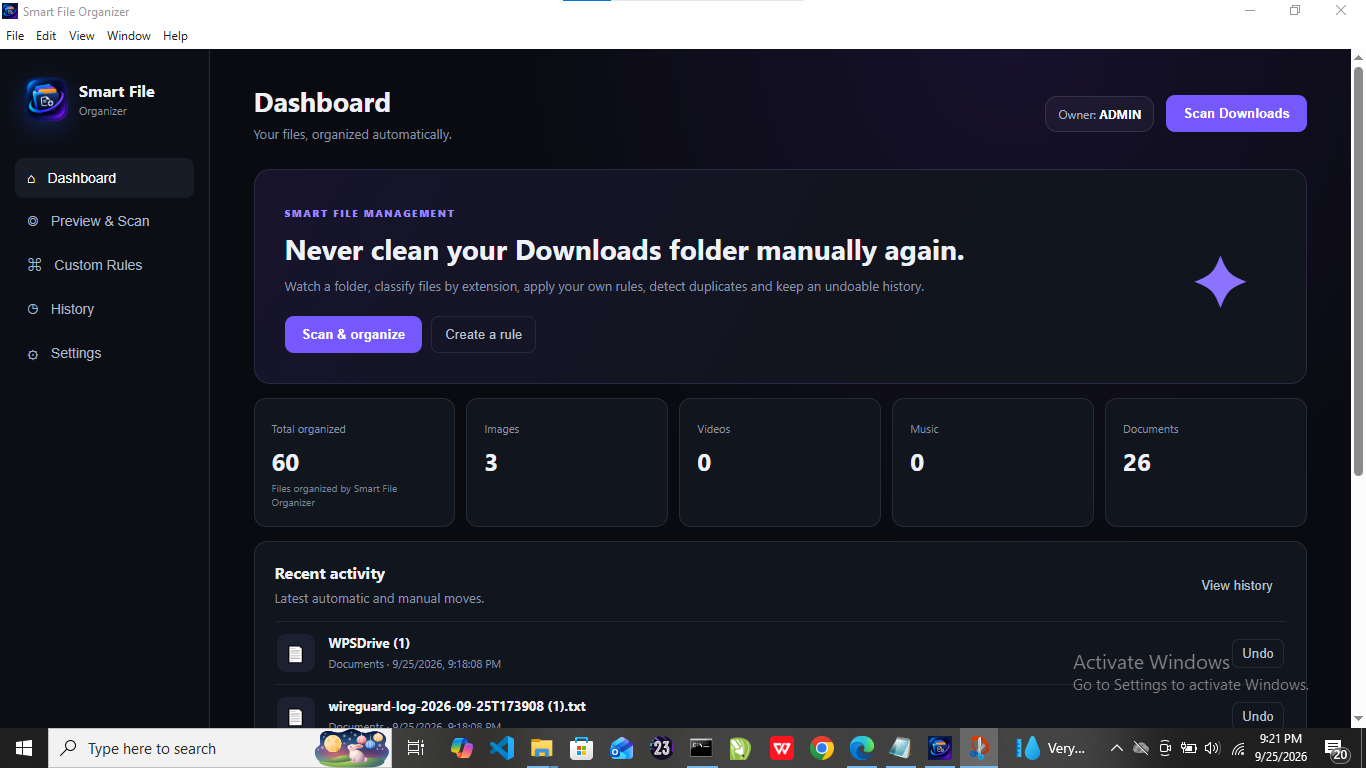 Smart File Organizer dashboard