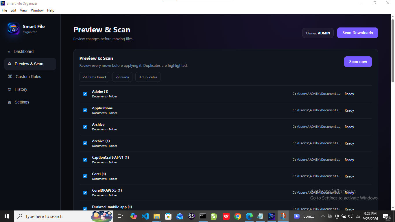 Smart File Organizer preview and scan