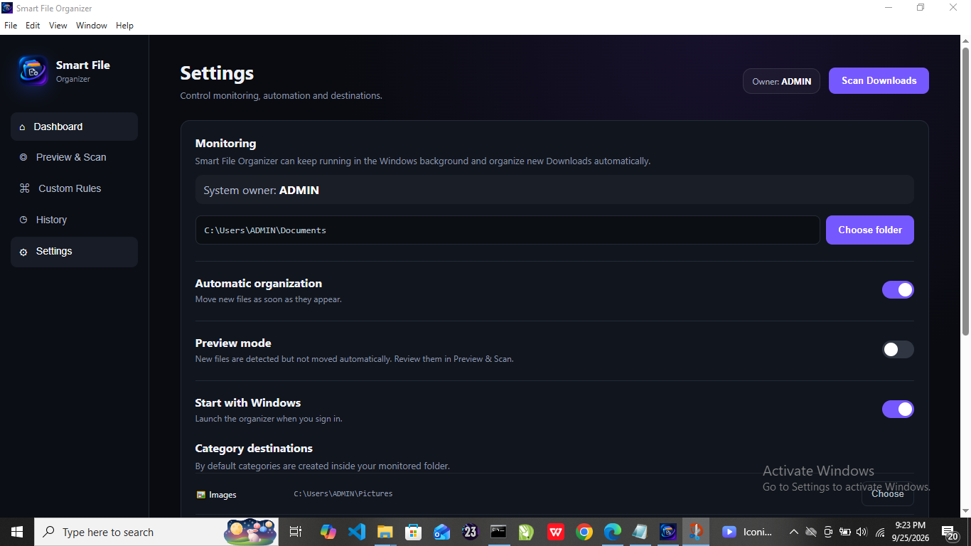 Smart File Organizer settings